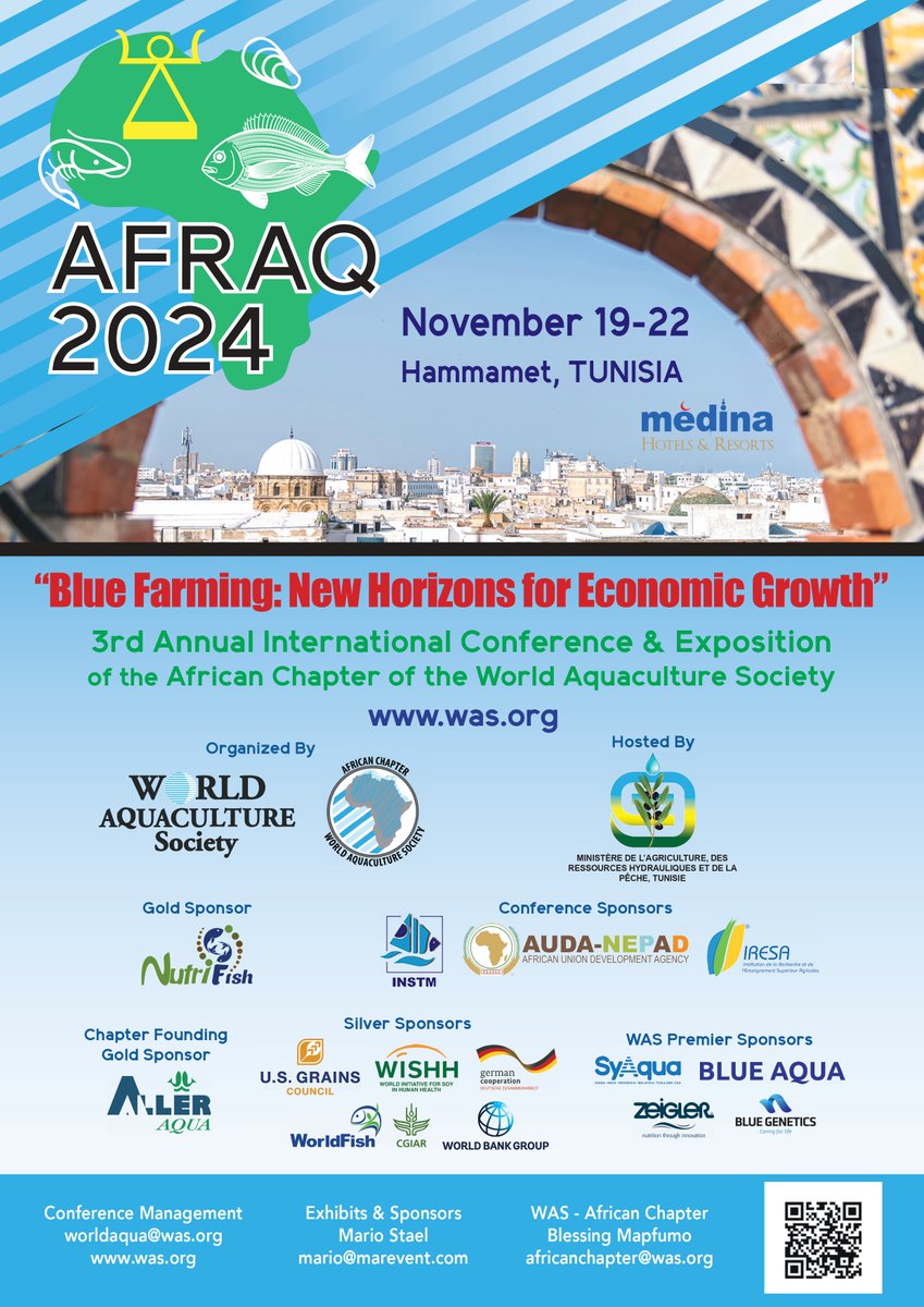 Get ready for AFRAQ24 in Tunisia, Nov 19-22! Join us to explore “Blue Farming: New Horizons for Economic Growth” &amp; aquaculture innovation.  #AFRAQ24 #BlueFarming #aquaculture #WorldAquacultureSociety