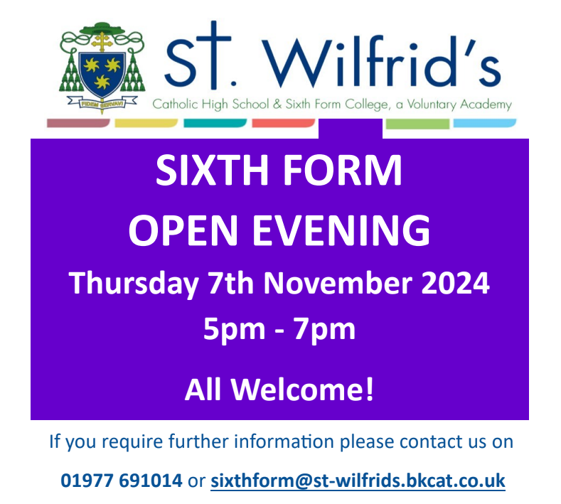 OutwoodFreeston's tweet photo. If you haven't already seen, @StWilfridsCHS are holding their Sixth Form open evening tomorrow from 5-7pm!👐

Ideal for any Y10 or Y11 still undecided on post-16 choices! 🧮🧬📚🗺️

#Classof2025 #CareersAtFreeston #Post16Options https://t.co/Nuza313nEG