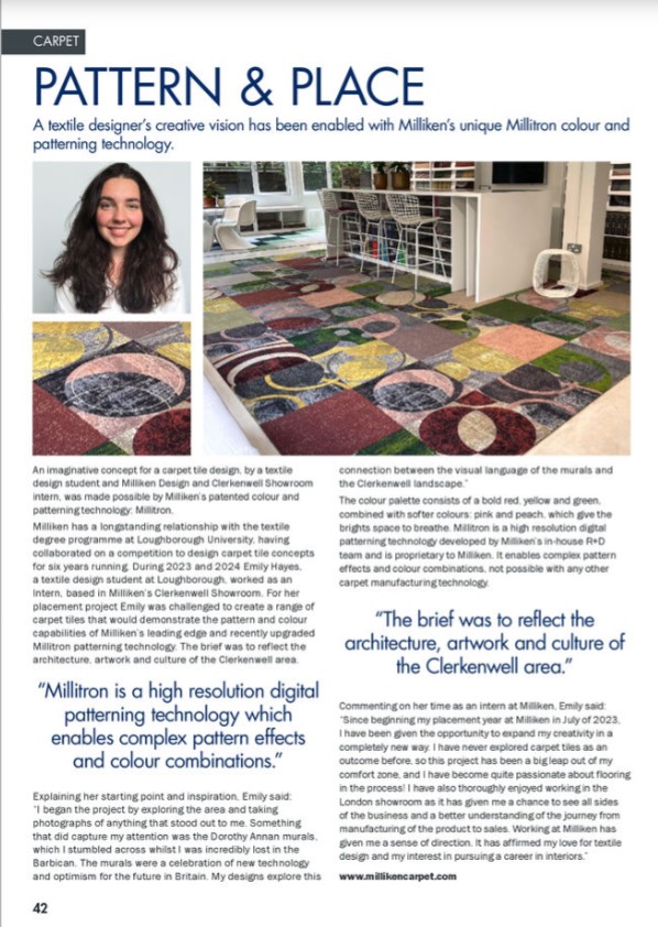 Lovely to be reminded of the stunning collection created by <a href="/lborouniversity/">Loughborough University</a> Creative Arts textile design student and Milliken intern Emily Hayes 😊 And the importance of nurturing the design talent of the future ⭐
Thanks <a href="/TContractFloors/">TCF</a> 🙏🏽
content.yudu.com/web/1jybr/0A1v…