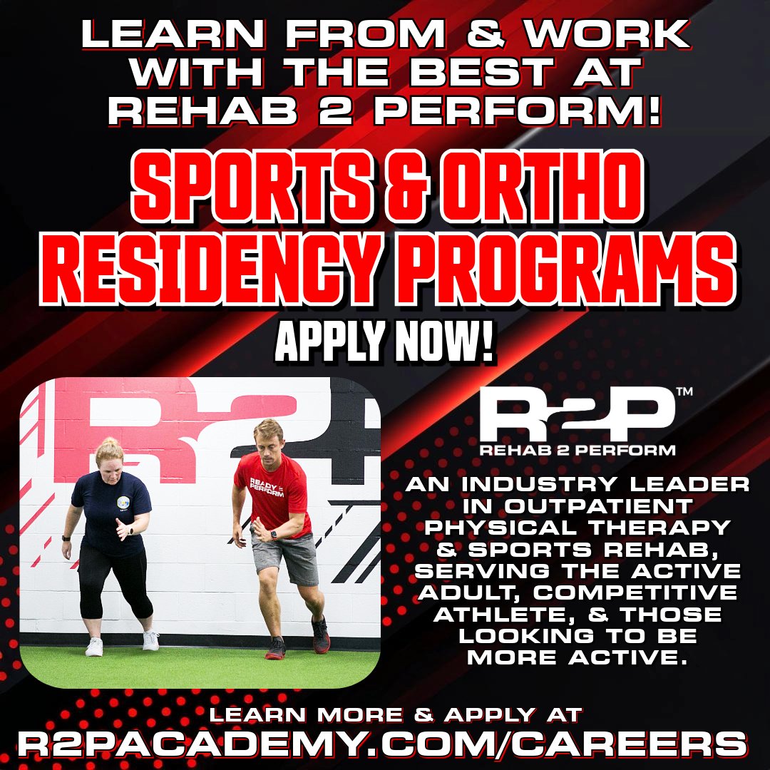 Learn from &amp; work with the best at Rehab 2 Perform. Offering Sports &amp; Orthopedic Residencies, R2P specializes in delivering rehabilitative &amp; preventive services to the Active Adult and Competitive Athlete.
Learn More &amp; Apply at Rehab2Perform.com/Careers 

#ad