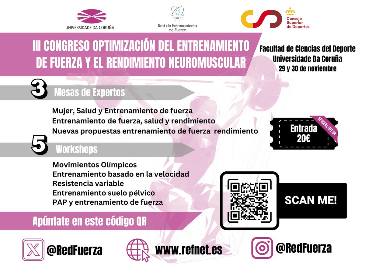 Vuelve el "Congreso de la Red de Entrenamiento de Fuerza" (financiada por <a href="/deportegob/">CSD</a>) con un CARTEL ESPECTACULAR! Apunta estas fechas: 29 y 30 de Noviembre (2024) en A Coruña. No te quedes sin tu plaza (20€)! Toda la INFO en refnet.es