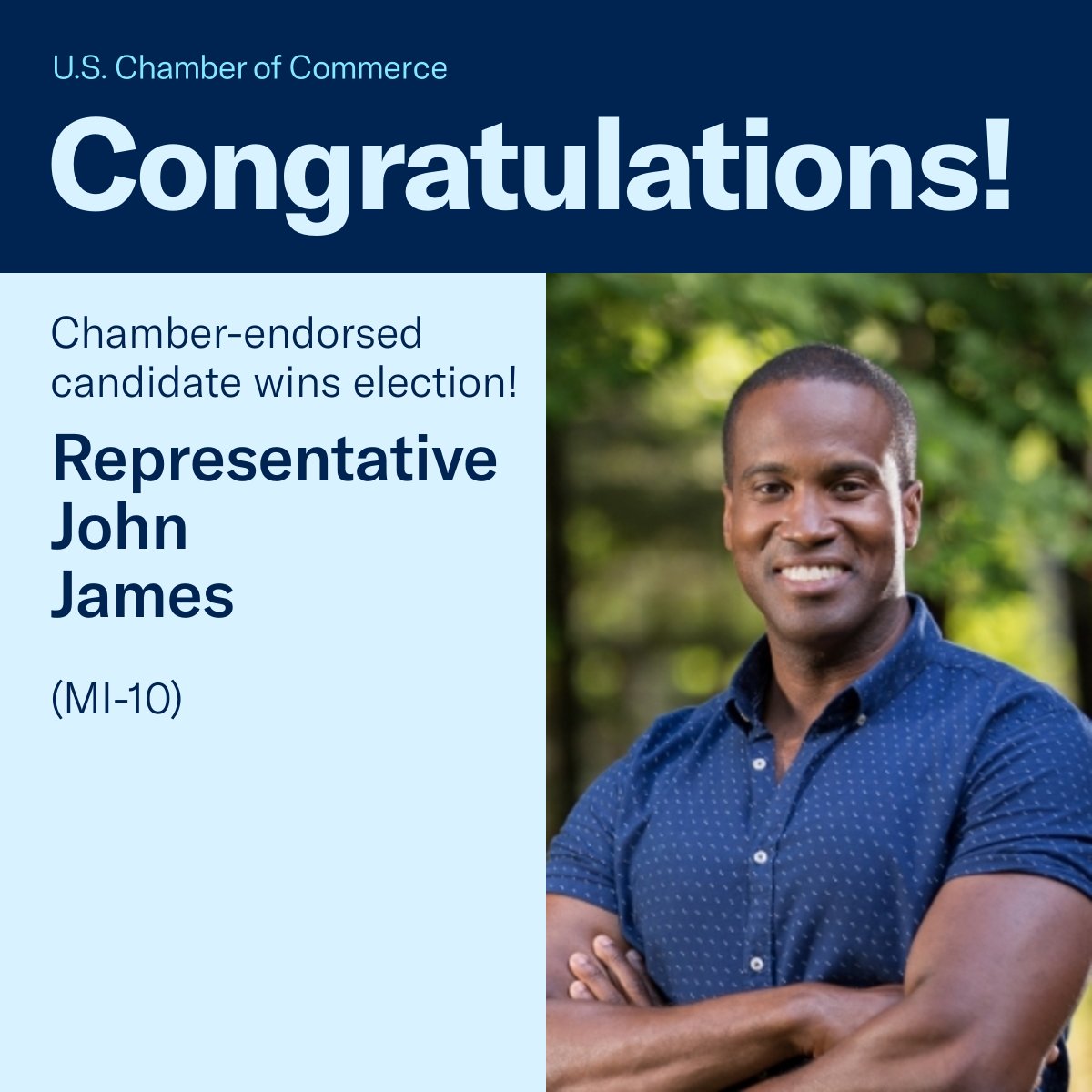U.S. Chamber Action (@uschamberaction) on Twitter photo Congratulations, <a href="/JohnJamesMI/">John James</a>, on your win in MI-10. We look forward to working with you in the 119th Congress!
More here: uschamber.com/improving-gove… Congratulations, <a href="/JohnJamesMI/">John James</a>, on your win in MI-10. We look forward to working with you in the 119th Congress!
More here: uschamber.com/improving-gove…