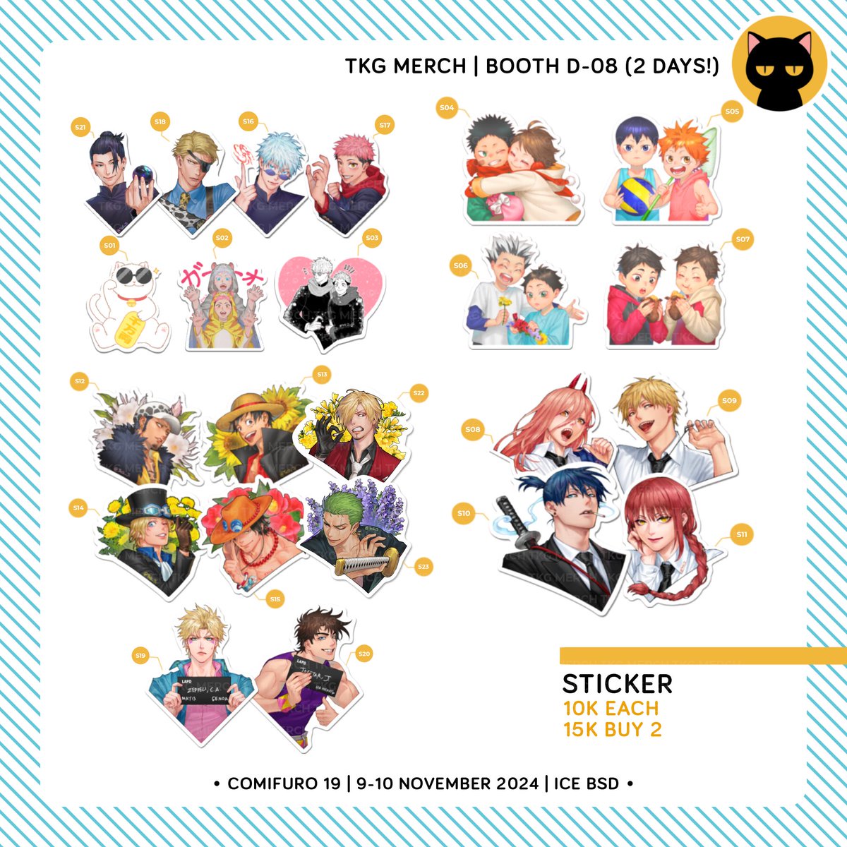 shares are highly appreciated!

fandom: Jujutsu Kaisen, Dungeon Meshi, One Piece, Haikyuu, JoJo's Bizarre Adventure, Chainsaw Man, Tiger &amp; Bunny, Elden Ring, etc

hai guys! kami mau drop catalog buat #Comifuro19 ya~ ada photocard, doujin, artprints, sticker, ganci, dan pin button