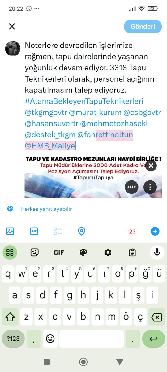 YUSUF YALINIZ (@yusuf_yaliniz) on Twitter photo Tapu ve Kadastro kurumu Fazlalaşan emekli sayısı , iş açığı , Yama alım yapılması sebebi ile İşlemlerinde kesintiye uğramıştırBiz Atanmayı bekleyen 3318 nitelikli öğrenciler olarak Hakkımız olan #TAPUYA2000TEKNİKER
Alımını bekliyoruz
<a href="/HmbSosyalMedya/">Hazine ve Maliye Bakanlığı Sosyal Medya</a> <a href="/yalperenayar/">Yusuf Alperen AYAR</a>
<a href="/memetsimsek/">Mehmet Simsek</a> Tapu ve Kadastro kurumu Fazlalaşan emekli sayısı , iş açığı , Yama alım yapılması sebebi ile İşlemlerinde kesintiye uğramıştırBiz Atanmayı bekleyen 3318 nitelikli öğrenciler olarak Hakkımız olan #TAPUYA2000TEKNİKER
Alımını bekliyoruz
<a href="/HmbSosyalMedya/">Hazine ve Maliye Bakanlığı Sosyal Medya</a> <a href="/yalperenayar/">Yusuf Alperen AYAR</a>
<a href="/memetsimsek/">Mehmet Simsek</a>