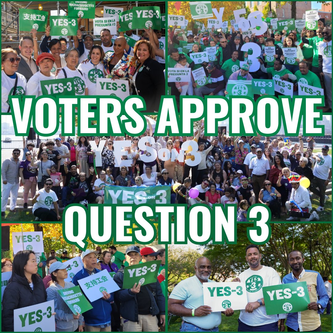WE’VE WON! Mass voters have approved Question 3, giving rideshare drivers the option to join a union! 70,000+ rideshare drivers across Mass now have the power to organize as a collective voice on the job and build a path to a better industry.