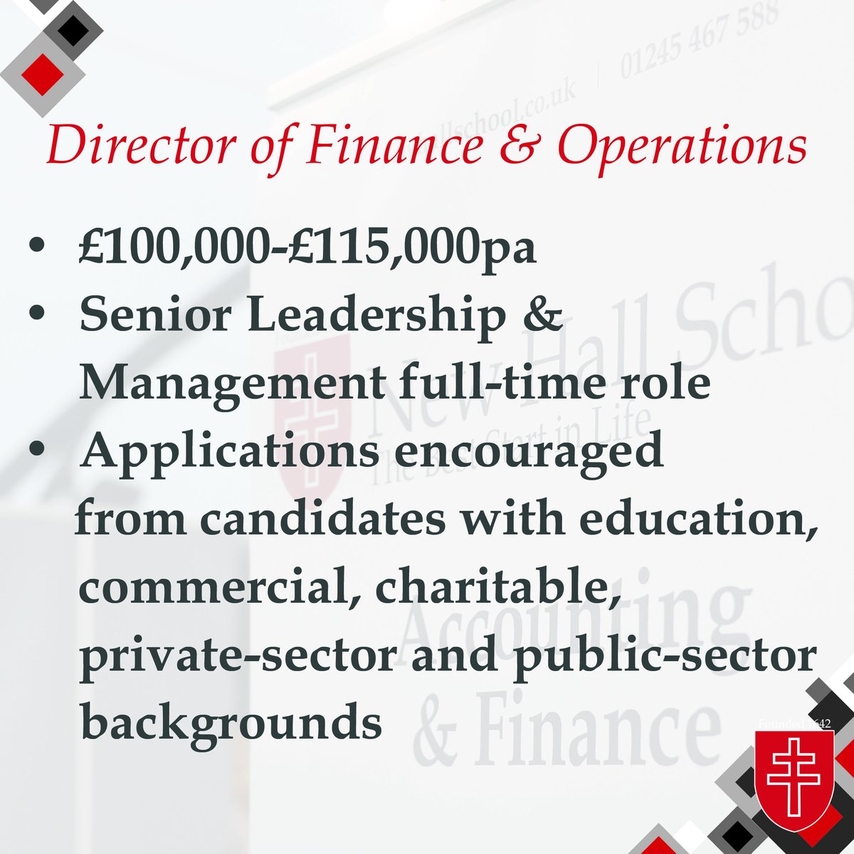 We are currently seeking a highly motivated Director of Finance &amp; Operations. The closing date for applications is 10.00am on Monday 25 November. More information: newhallschool.co.uk/about/job-oppo…