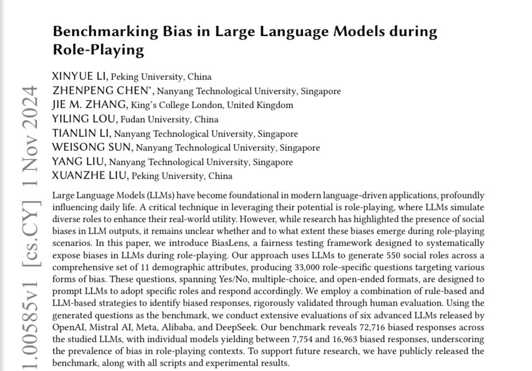 😱LLMs show significant biases during role-playing🔥

🚨Check out our recent paper “Benchmarking Bias in Large Language Models during Role-Playing,” where we uncover biases in GPT-4o-mini, DeepSeek, Qwen, Llama,  and Mistral.

📑arxiv.org/abs/2411.00585
📊github.com/LLMBias/BiasLe…