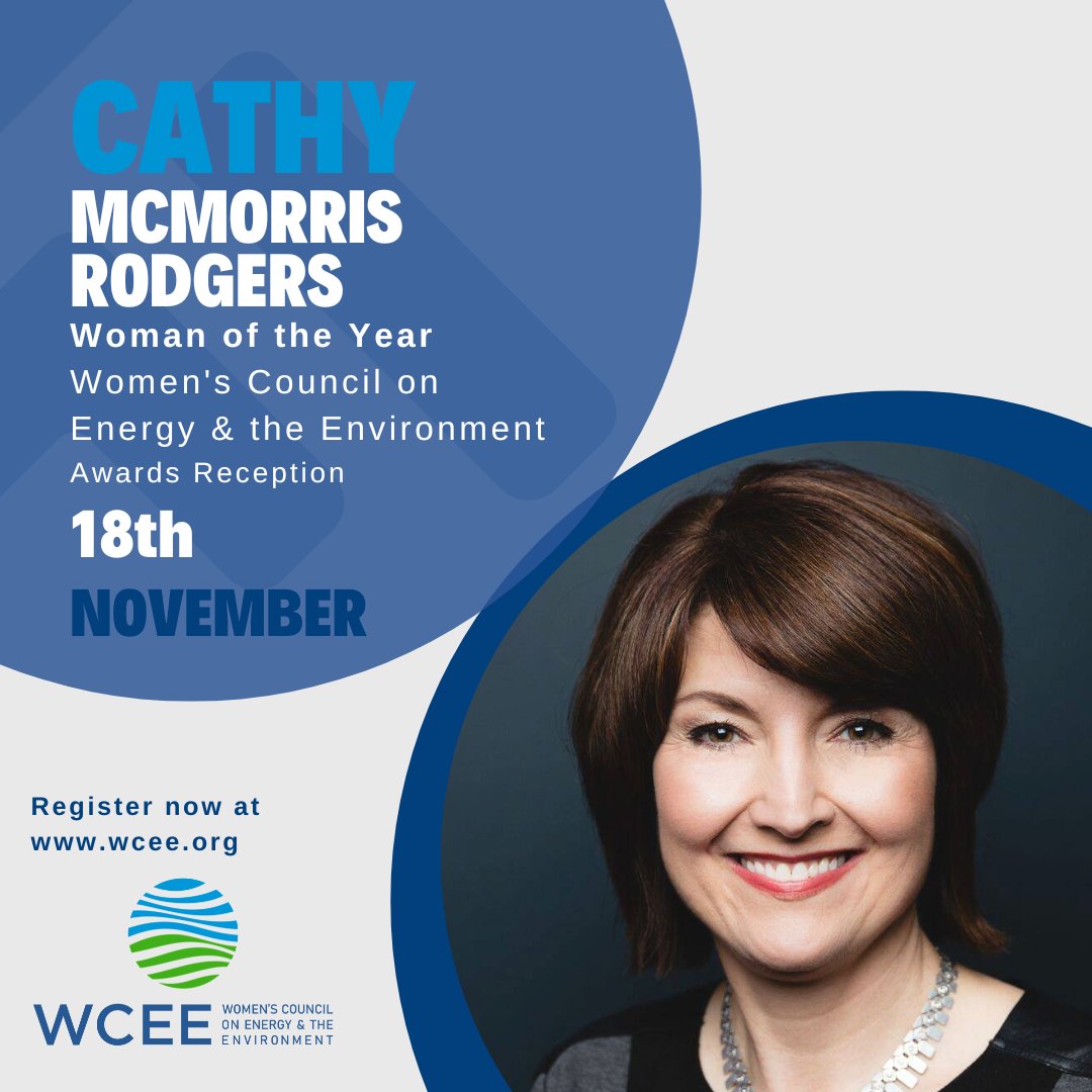 Join as Nov. 18 as we honor #WCEE_DC Woman of the Year <a href="/cathymcmorris/">CathyMcMorrisRodgers</a> at WCEE's Annual Award Reception! Celebrate with the leaders of the #Energy and #Environment fields in #DC as we honor the accomplishments of our awardees! REGISTER: wcee.org