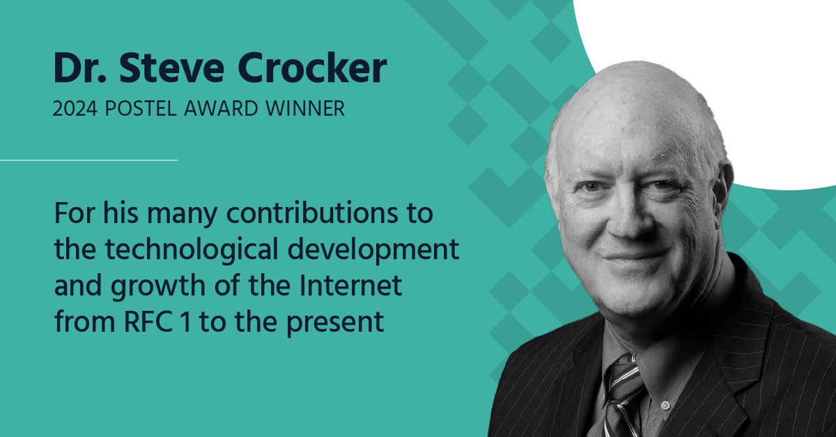 Congratulations to Dr. Steve Crocker, winner of the 2024 Postel Award!🎉

Every year, the Jonathan B. Postel Service Award recognizes outstanding and sustained contributions in service to the Internet community.🌐