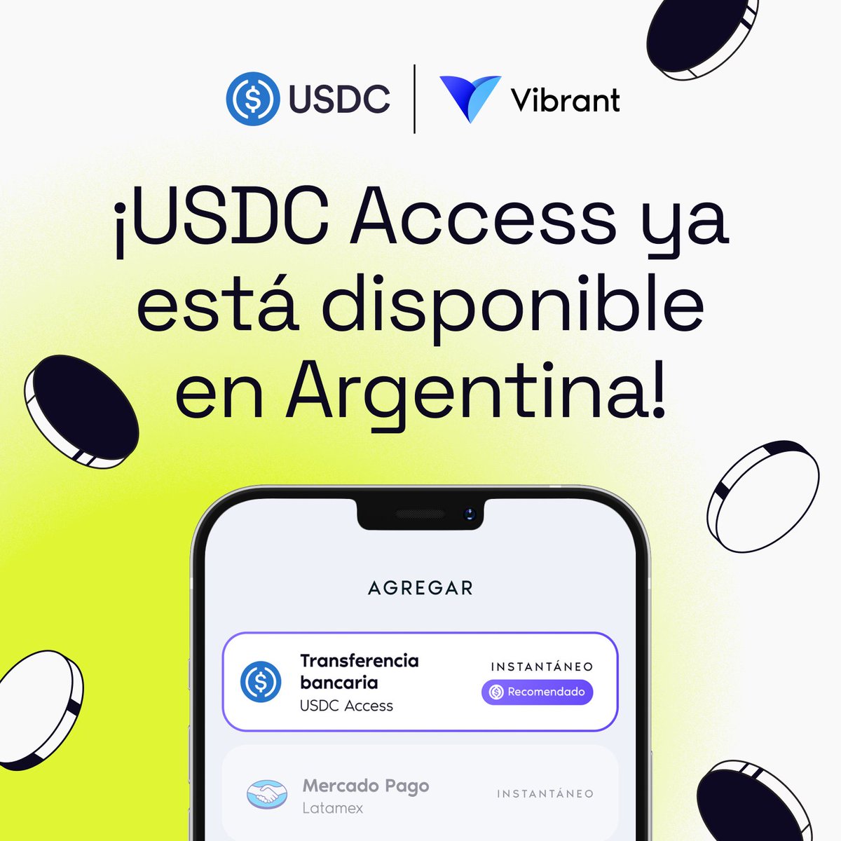 Estamos muy emocionados de anunciar la integración de #USDC Access en Vibrant 🔥

Esto significa que ahora podés:

🏃‍♂️ Disfrutar de un tipo de cambio competitivo y elegir el que te favorezca más.
🔛 Tener más flexibilidad para convertir tus fondos de manera rápida y conveniente.