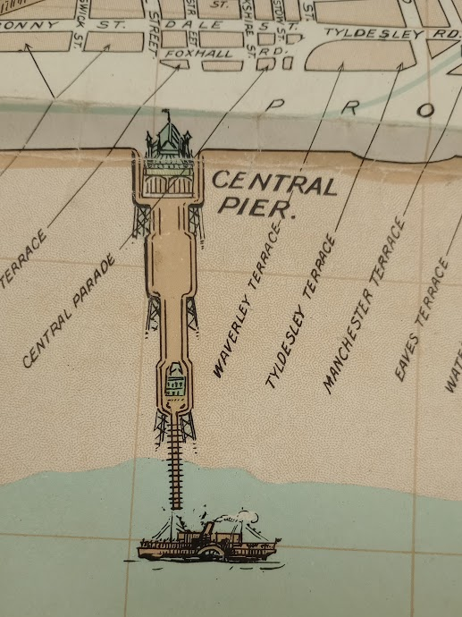 A map of #Blackpool for #MapMonday, showing the buildings in the town centre, including <a href="/TheBplTower/">The Blackpool Tower</a> and <a href="/WGBpl/">Winter Gardens BPL</a>, as well as <a href="/Pleasure_Beach/">Pleasure Beach Resort🎢</a>, and the Central Pier with a Paddle Steamer.