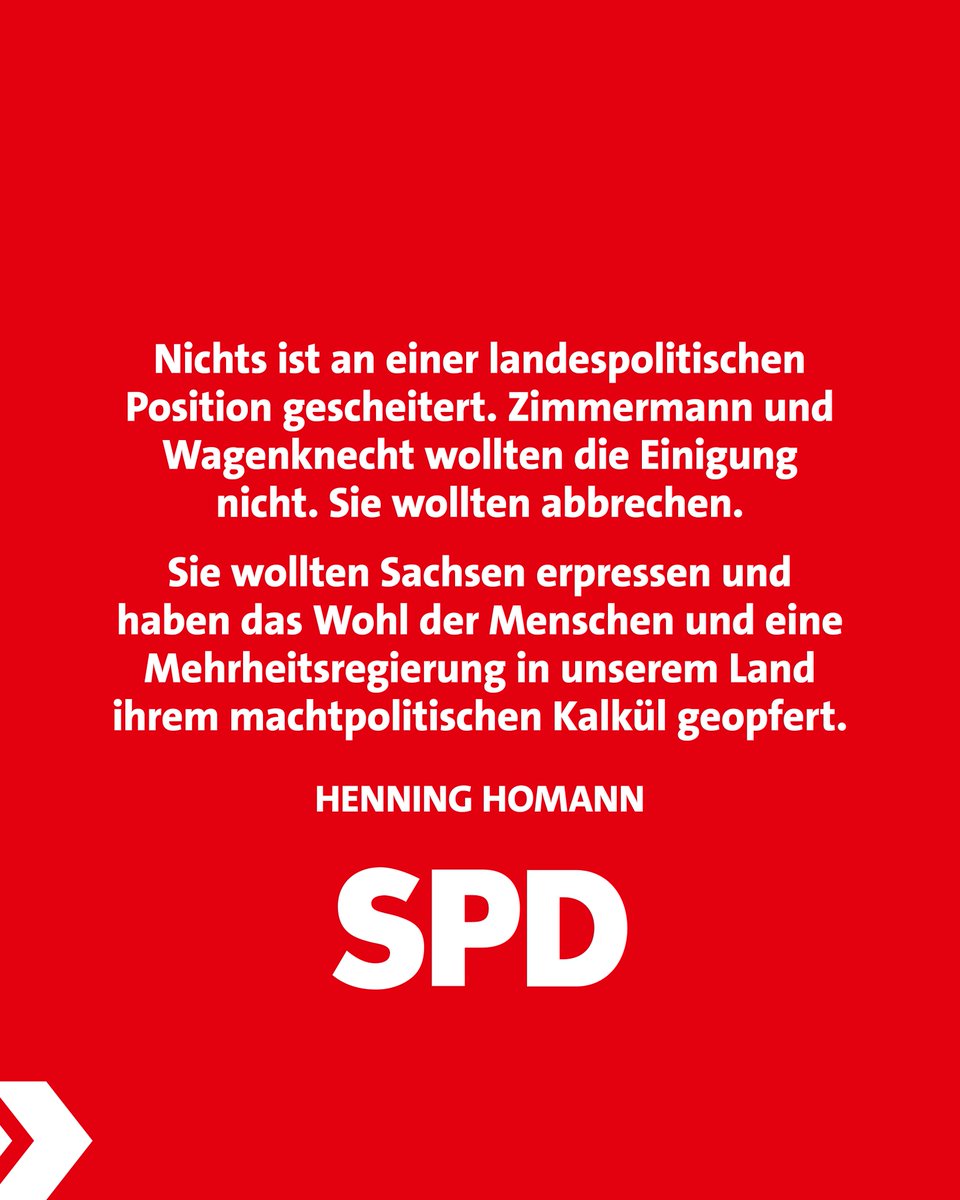 SPD Sachsen (@spdsachsen) on Twitter photo Die Wagenknecht-Partei hat die Verhandlungen in #Sachsen abgebrochen.
Dazu <a href="/HenningHomann/">Henning Homann</a>:
Das war ein abgekartetes Spiel. Denn eine Einigung war möglich. Nichts ist an einer landespolitischen Position gescheitert. #Zimmermann und #Wagenknecht wollten die Einigung nicht. Die Wagenknecht-Partei hat die Verhandlungen in #Sachsen abgebrochen.
Dazu <a href="/HenningHomann/">Henning Homann</a>:
Das war ein abgekartetes Spiel. Denn eine Einigung war möglich. Nichts ist an einer landespolitischen Position gescheitert. #Zimmermann und #Wagenknecht wollten die Einigung nicht.