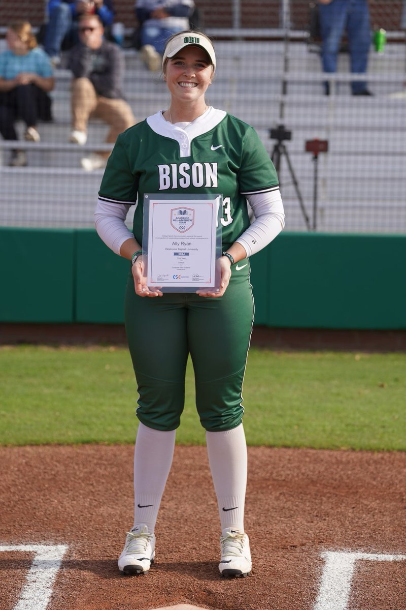 OBU_Softball's tweet photo. Our very own @allyeryan received her @CollSportsComm Academic All-American plaque recently! 

She's our first player in program history to earn the recognition. #OnToVictory https://t.co/zfh8PNqoQx