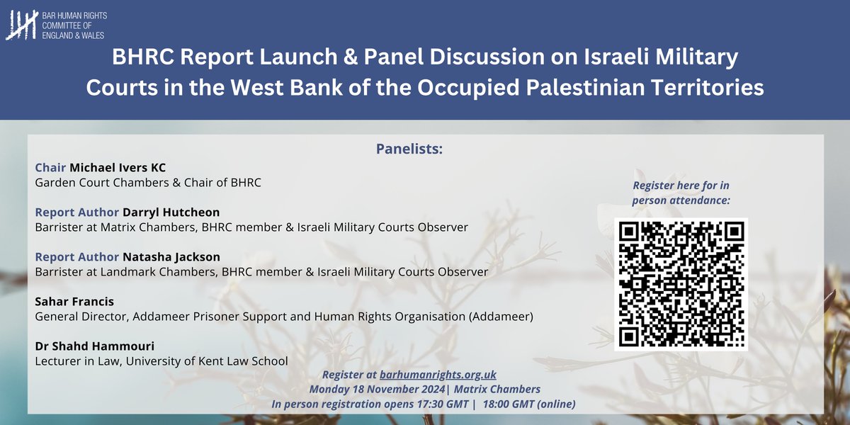 BHRC’s hybrid panel on Israeli Military Courts in the West Bank will welcome <a href="/1hutcheon/">Darryl Hutcheon</a>  <a href="/TashaJJackson/">Natasha Jackson</a>  , @Saharfrancis and <a href="/shahdhm/">S. Hm.</a>  at <a href="/MatrixChambers/">Matrix</a>   to mark the launch of our latest report 18 Nov at 18:00 GMT. RSPV: barhumanrights.org.uk/bhrc-to-host-r… #HumanRights #RuleOfLaw