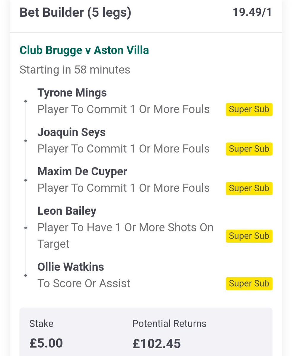 Degenerate_Pod's tweet photo. Bet builder for Brugge v Villa 

Odds 19/1

Stake 1 point https://t.co/YVGdKqDDps