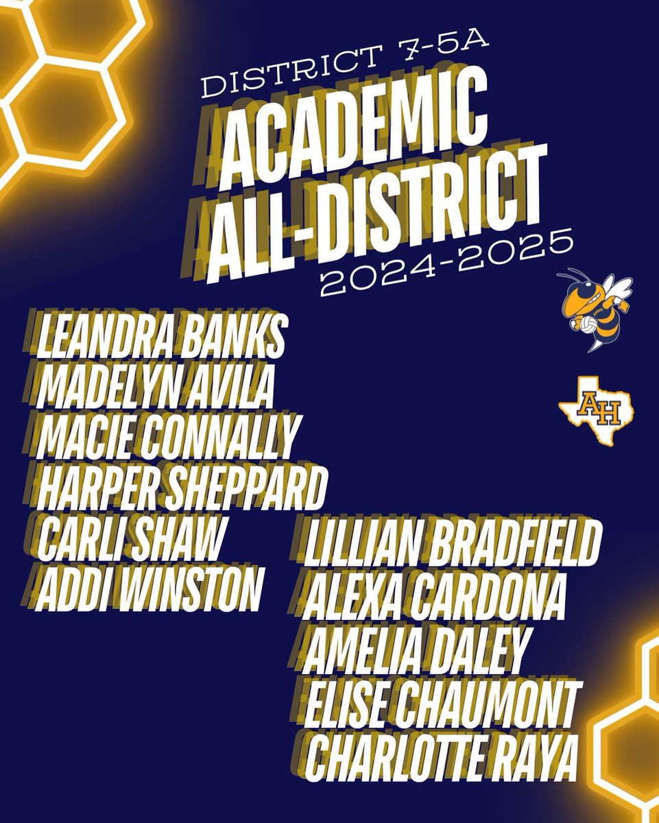 ArlHeightsVB's tweet photo. champs on the court and the classroom! congratulations to our following Varsity student athletes on Academic All-District for the 2024-2025 season. 💙💛 

#ljvb #HEART #heightsontop #ayyheights #studentathlete #ahhs #districtawards https://t.co/6HnQqEM7OV