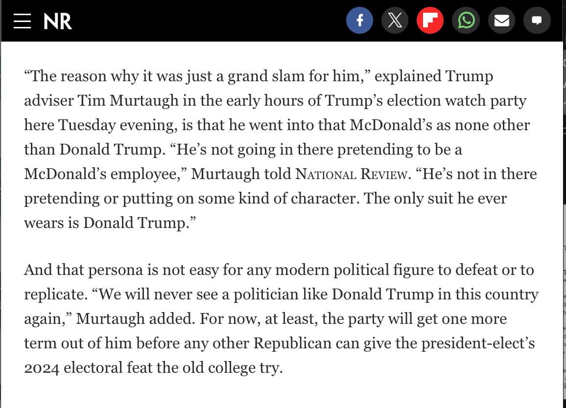 West Palm -- I spoke w/ Trump adviser Tim Murtaugh last night about the significance of the DJT's iconic McDonald's campaign visit wearing  an apron over his classic blue suit, white shirt, &amp; red tie. <a href="/NRO/">National Review</a> 

"The only suit he ever wears is Donald Trump.”
nationalreview.com/news/trump-cam…