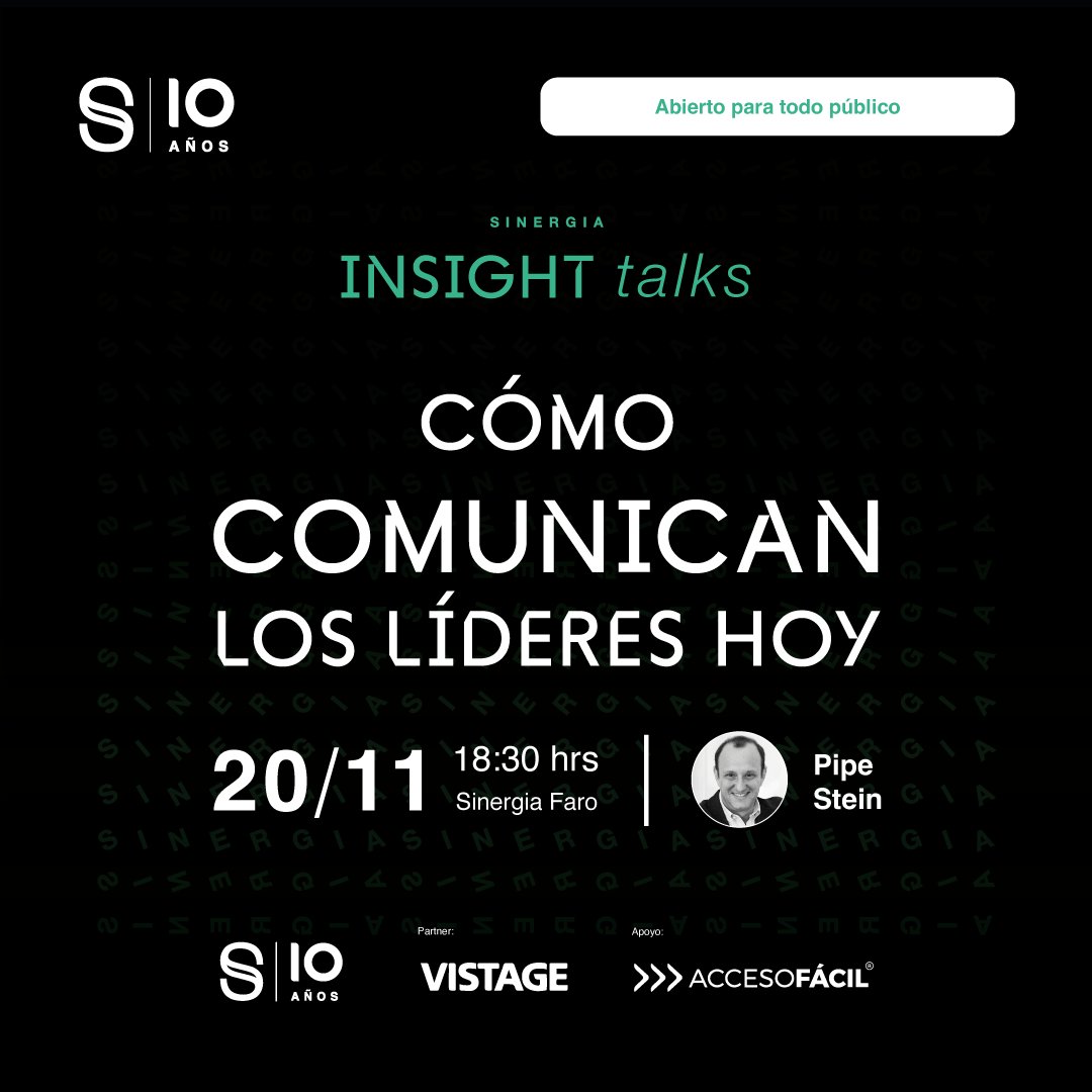 Sinergia (@uysinergia) on Twitter photo Cómo comunican los líderes hoy, acompañados por <a href="/steinpipe/">Pipe Stein</a> . Esta charla ofrece un kit de preguntas que debemos hacernos a la hora de comunicar.
Registrate: bit.ly/InsightTalk7 Cómo comunican los líderes hoy, acompañados por <a href="/steinpipe/">Pipe Stein</a> . Esta charla ofrece un kit de preguntas que debemos hacernos a la hora de comunicar.
Registrate: bit.ly/InsightTalk7
