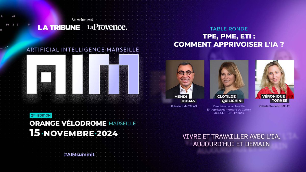 TPE, PME, ETI : Comment apprivoiser l'IA ? 🤖
Participez à la table ronde de l'AIM Summit le 15/11 sur les défis et solutions d'intégration de l'IA pour les entreprises.

🎤 Avec :
🔹 <a href="/QuilichiniC/">Clotilde Quilichini</a> (<a href="/BNPParibas/">BNP Paribas Group</a>)
🔹 <a href="/mehdi_houas/">Mehdi Houas</a> (@Talan_World )
🔹 <a href="/vetorner/">veronique torner</a> (NUMEUM)

📅 15/11 | 🕣