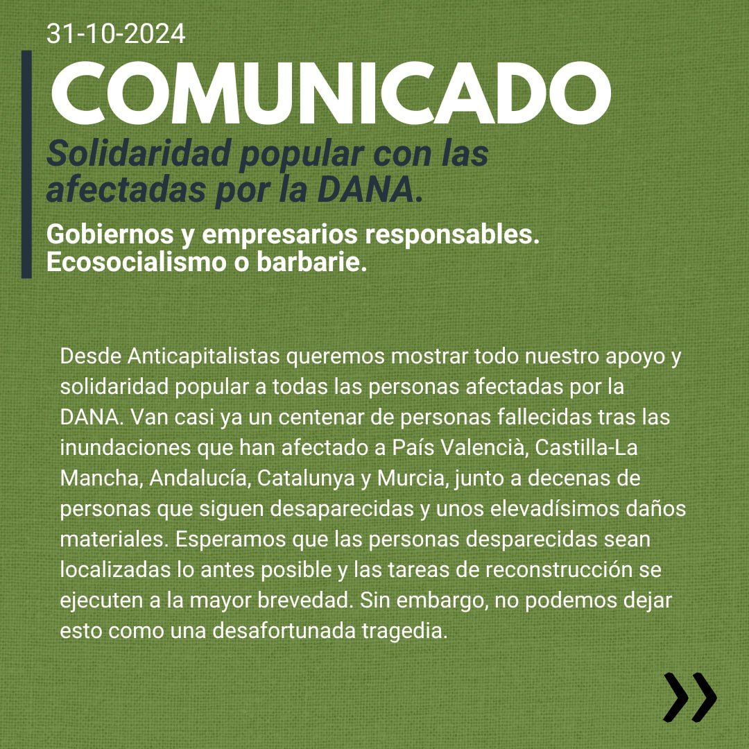 ▶️ Entrega gratuita de alimentos y ropas a cargo de los supermercados.

▶️ Refuerzo inmediato de los recursos de los bomberos y los servicios de emergencia.

¡Ecosocialismo o barbarie!

📝 Os recordamos nuestro comunicado: anticapitalistas.org/comunicados/so…