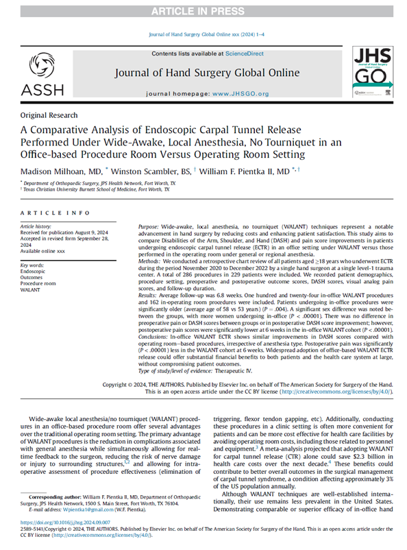 BillPientka's tweet photo. Excited to share our latest publication comparing in office WALANT endoscopic carpal tunnel release vs ECTR performed in the OR, now available in @JHSGlobalOnline 
#handsurgery #carpaltunnel #walant #orthotwitter 

https://t.co/aqjnbsSyGr https://t.co/0kQvNY6zCr