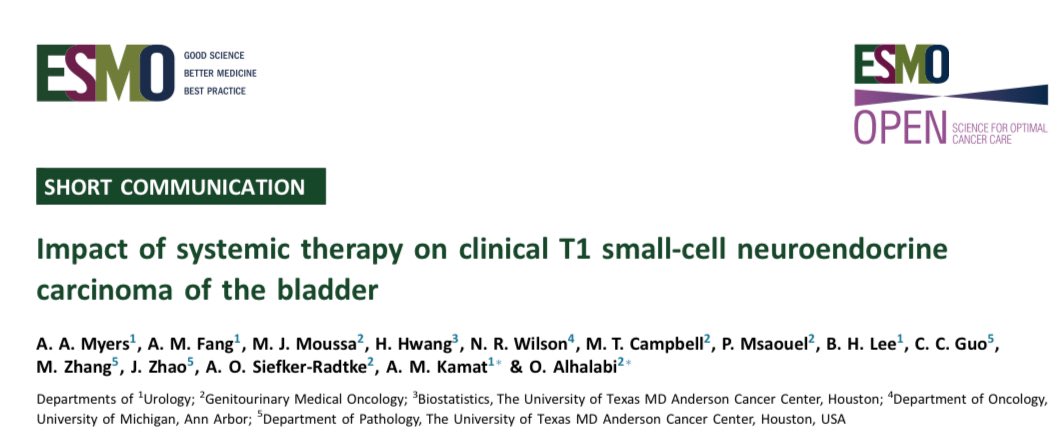 Omar Alhalabi, MD (@oalhalabimd) on Twitter photo Hot off the press. Excited to share work done by stellar <a href="/UroOnc/">Society of Urologic Oncology</a> fellow <a href="/AmandaMyersMD/">Amanda Myers</a> mentored by <a href="/UroDocAsh/">Ashish M. Kamat, MD, MBBS</a>
Further advancing knowledge on aggressive #bladdercancer subtypes.
T1 nonmuscle invasive small cell neuroendocrine carcinoma
🔗 sciencedirect.com/science/articl… Hot off the press. Excited to share work done by stellar <a href="/UroOnc/">Society of Urologic Oncology</a> fellow <a href="/AmandaMyersMD/">Amanda Myers</a> mentored by <a href="/UroDocAsh/">Ashish M. Kamat, MD, MBBS</a>
Further advancing knowledge on aggressive #bladdercancer subtypes.
T1 nonmuscle invasive small cell neuroendocrine carcinoma
🔗 sciencedirect.com/science/articl…