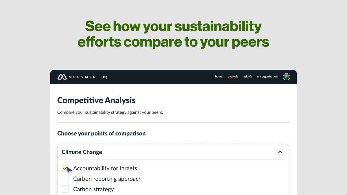 joinmuuvment's tweet photo. Is your sustainability strategy on track with industry peers? With Muuvment IQ's Competitive Analysis feature, now you can find out where you stand and drive even greater impact.  

🔍 Upload reports and documents to see how your efforts compare to industry peers.
📊 Discover how your sustainability initiatives stack up against others in your sector.
🤝 Collaborate for a more sustainable future by benchmarking your progress.

Join the movement towards a greener, more sustainable world with Muuvment IQ Let's make a difference together. #sustainability #MuuvmentIQ #AI #collaboration #competitiveanalysis #joinmuuvment