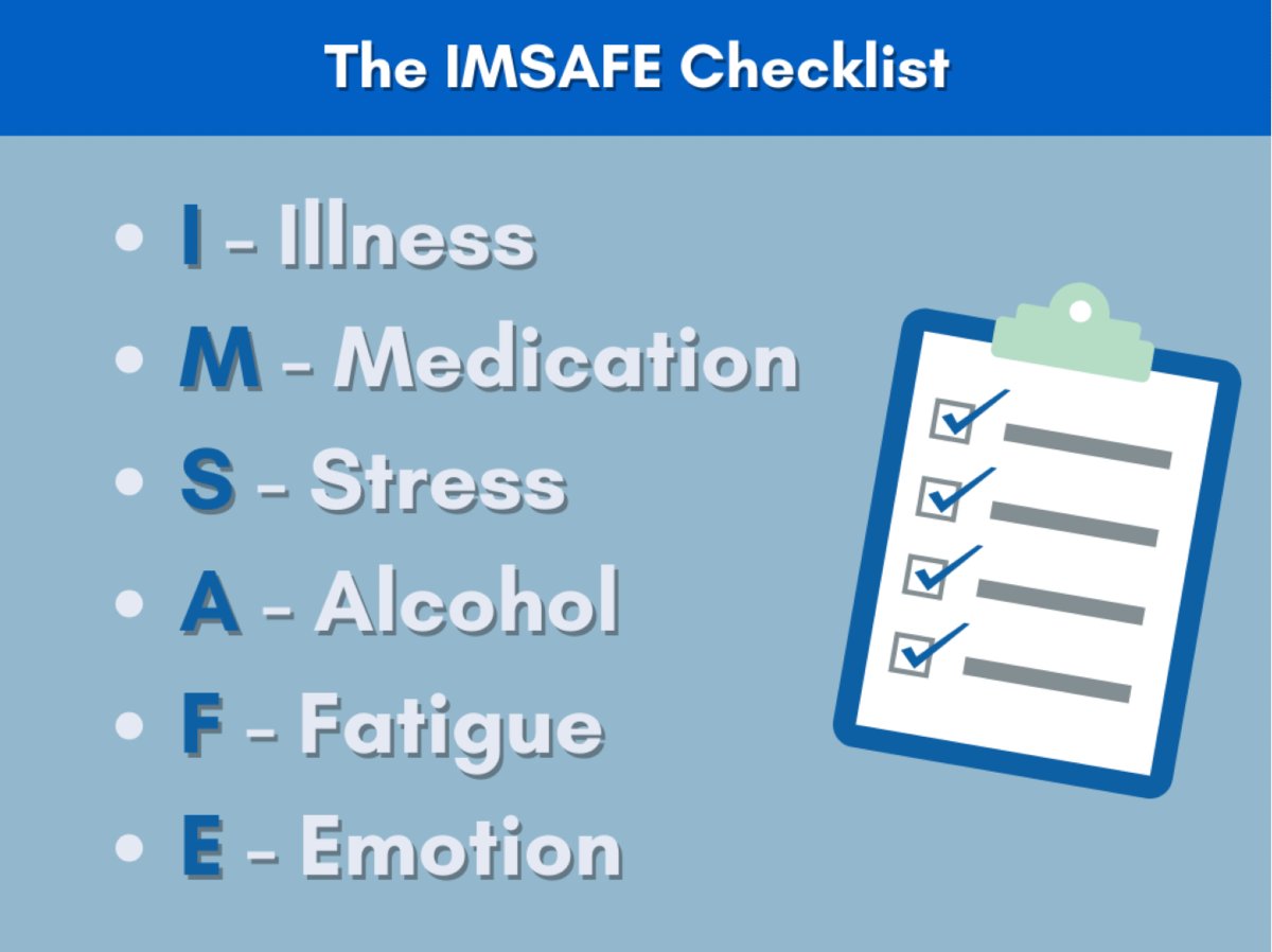 UnitySkills's tweet image. Did you use the &quot;I&apos;M SAFE&quot; checklist today? 🩺 By checking for Illness, Medication, Stress, Alcohol, Fatigue, &amp;amp; Eating, we ensure we&apos;re ready to provide safe care. When we’re safe, our patients are safer. Make it part of your routine! #IMSAFE #HumanFactors #UnitySkills