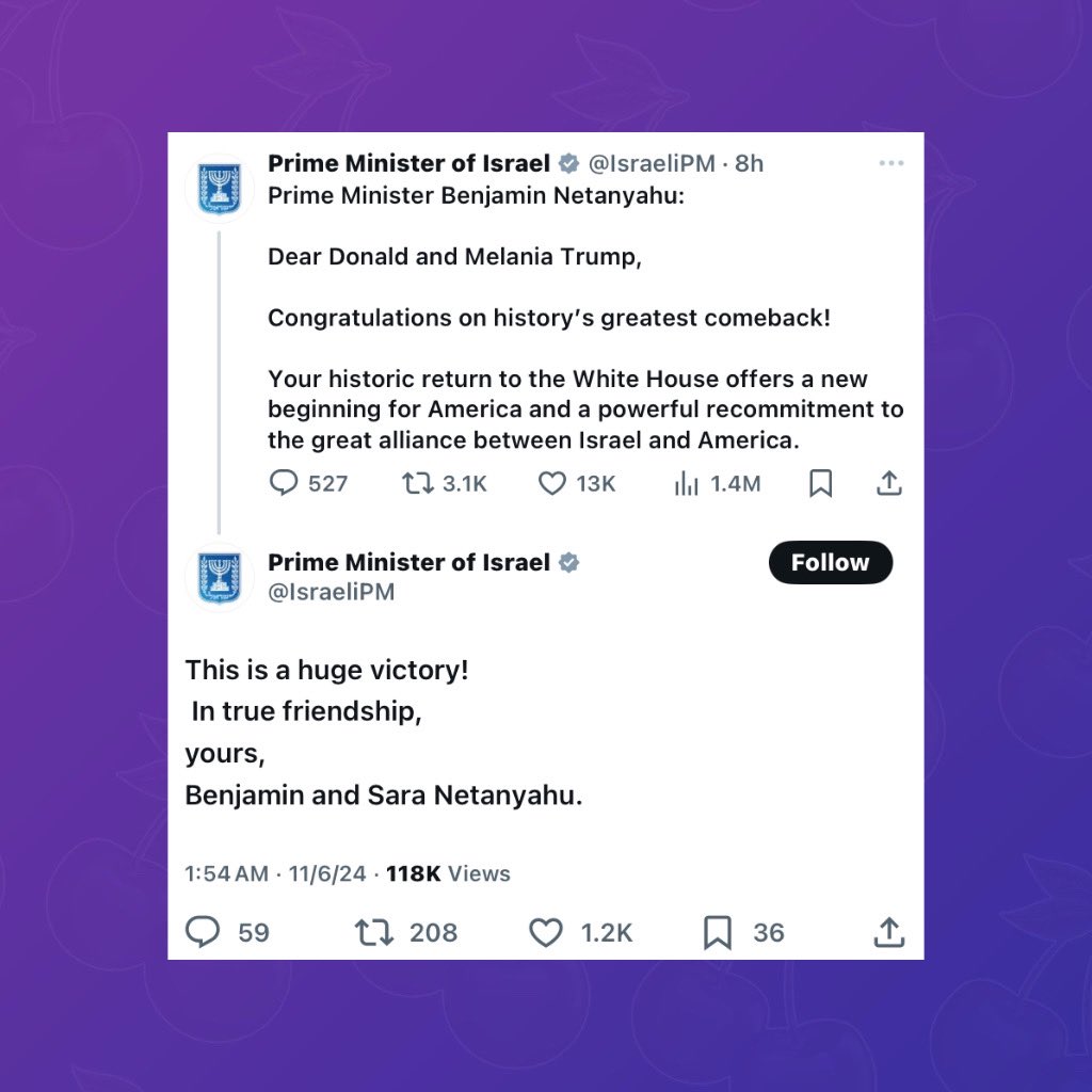 auffys's tweet photo. Israel's Prime Minister Benjamin Netanyahu congratulates Donald Trump on his return to the White House:

Your historic comeback marks a fresh start for America and reaffirms the strong alliance between Israel and the United States.

#Trump #KamalaHarris #USElection2024 https://t.co/bJz2GTs1S5