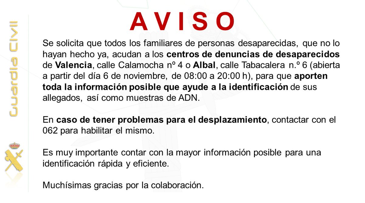 guardiacivil's tweet photo. 🔴 INFORMACIÓN IMPORTANTE para familiares de las personas #desaparecidas con motivo de las inundaciones provocadas por la #DANA.   Desde hoy está abierto un nuevo centro de denuncias de desaparecidos en #Albal, calle Tabacalera n°8. Horario de 08 a 20h.  #DanaValencia #DanaEspaña https://t.co/btq3UELUEd