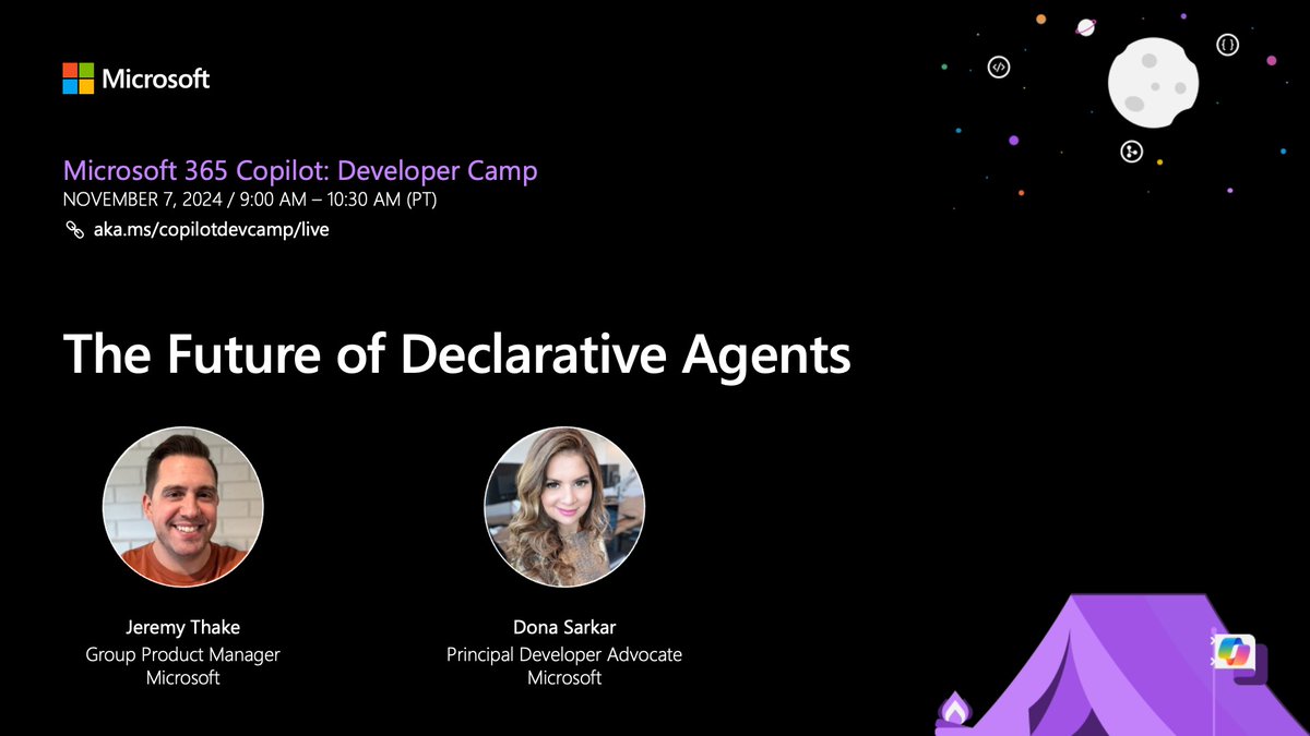 Dive into the future of declarative agents with <a href="/jthake/">Jeremy Thake</a> and <a href="/donasarkar/">Dona Sarkar</a> tomorrow November 7th during our Microsoft 365 Copilot: Developer Camp event: msft.it/6017Wk2GN

#Microsoft365Dev #Copilot #AI