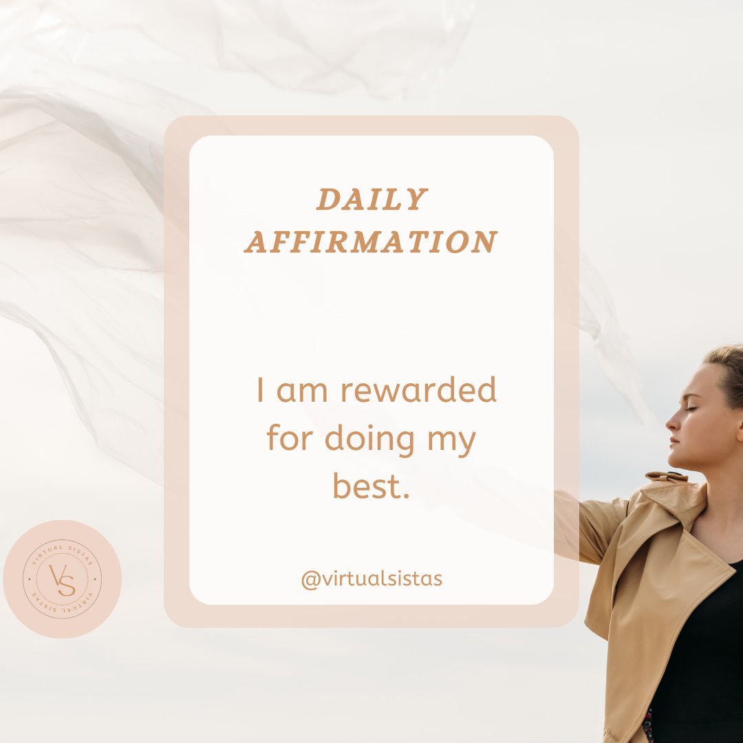 virtualsistas's tweet photo. ✨Daily Affirmation ✨
.
 I am rewarded for doing my best.
.
.
.
.
.
.
#Virtualsistas #VirtualAssistantService #VirtualWork #DigitalSupport #TaskAssistant #OnlineProductivity #RemoteHelp #OutsourceWork #VAExpert #BusinessAssistant #TaskManagementPro #AdminHelp #EfficientAssistant https://t.co/1eEu7S1qly