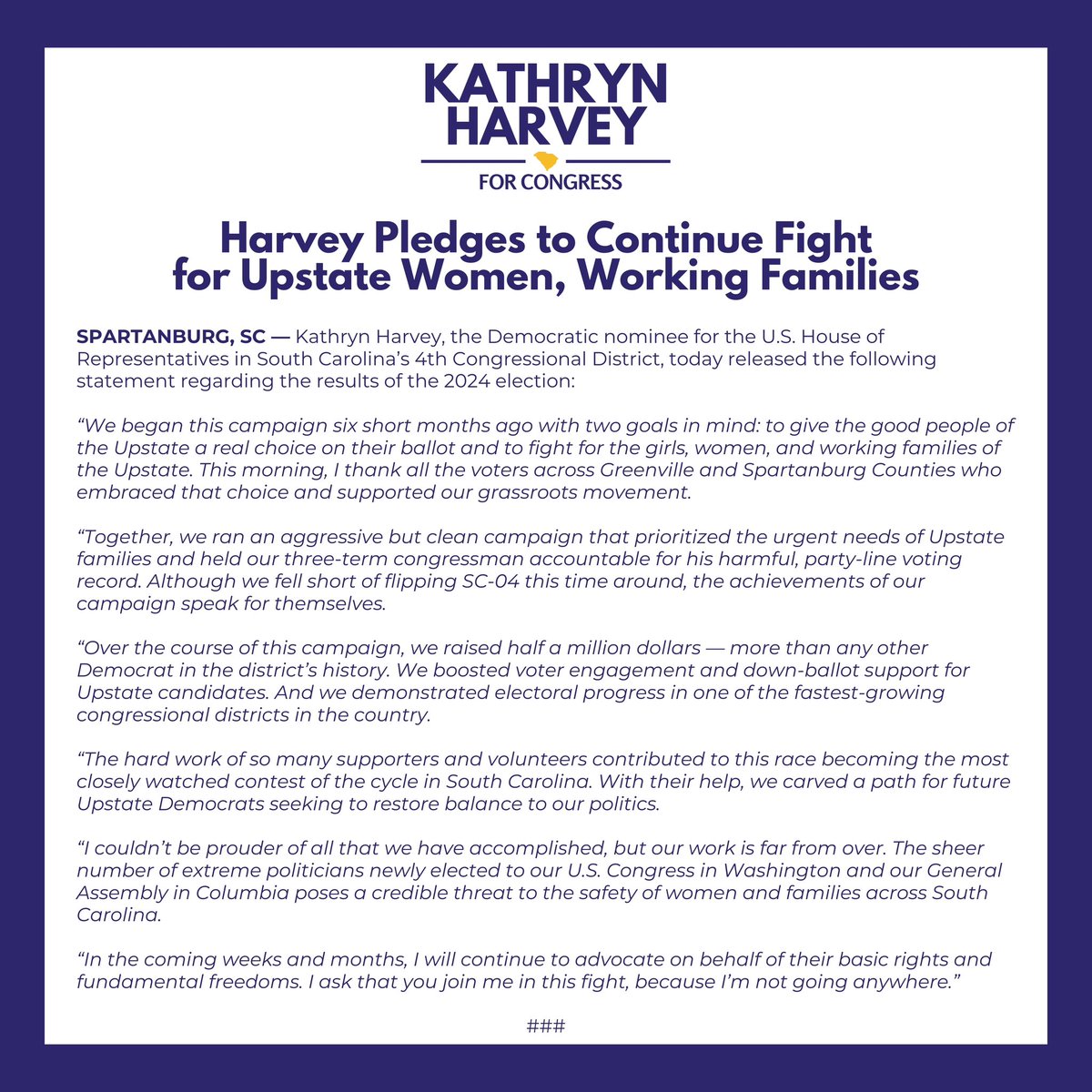 Here’s my statement on last night’s election results.

Together, we gave Upstate voters a real choice on the ballot.

We fought hard for girls, women, and working families.

And we held our three-term congressman accountable.

I couldn’t be prouder of this grassroots movement.