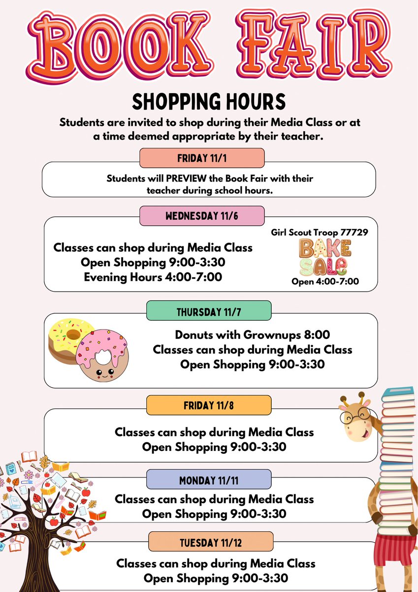 LongMeadowRCS's tweet photo. Come visit us tonight for the Book Fair! 

The Girl Scouts will be having a Bake Sale tonight so come get some tasty treats and great books! https://t.co/sZ2nqieSMW