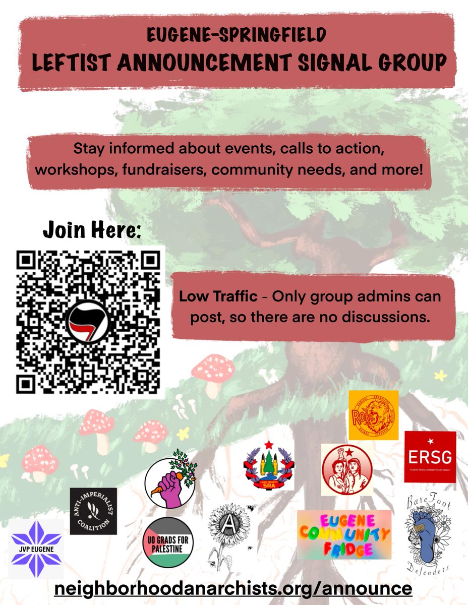 Stay informed on the latest Eugene actions &amp; events! Join this low-traffic, announcements-only chat for upcoming events, calls to actions, workshops, fundraisers, community needs, and more from over 11 local groups: signal.group/#CjQKIIWKAREi2…