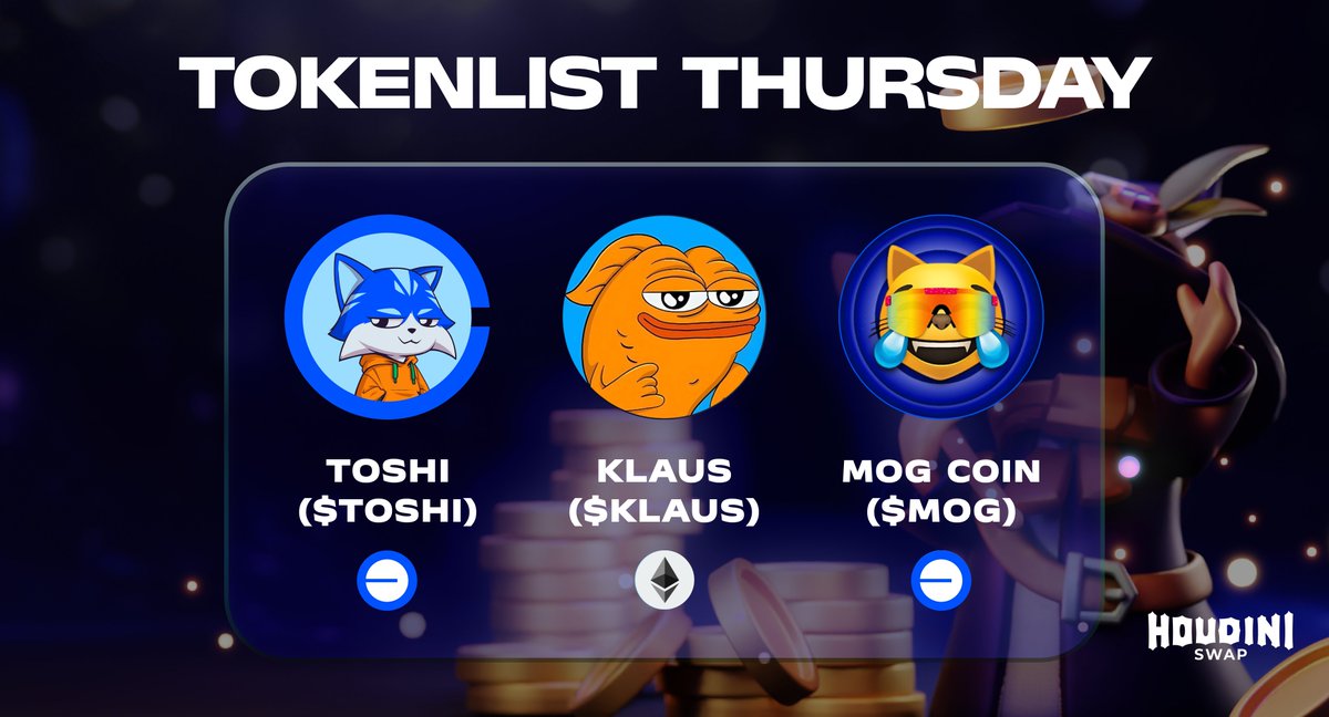 HoudiniSwap's tweet photo. Tokenlist Thursday #TLT 

Welcome to the Houdini House, @KlausOnEth, @Toshi_base, and @MogCoinEth!

Seamless interoperability has been unlocked for 3 new tokens, with $MOG also gaining the power of privacy. 🔒

Who's next? 😤😤

#TransactFreely ➡️ https://t.co/eCxpZpaRjT