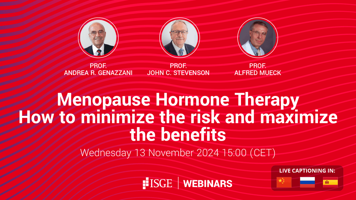#ISGEwebinar
Join us for the upcoming webinar "Menopause Hormone Therapy – How to minimize the risk and maximize the benefits"
📆 Wednesday, 13 November
🕒 3:00pm CET
🎤 Prof. Andrea Genazzani, Prof. John C. Stevenson, Prof. Alfred Mueck
Registration:
events.zoom.us/ev/ApGas3-HsEN…