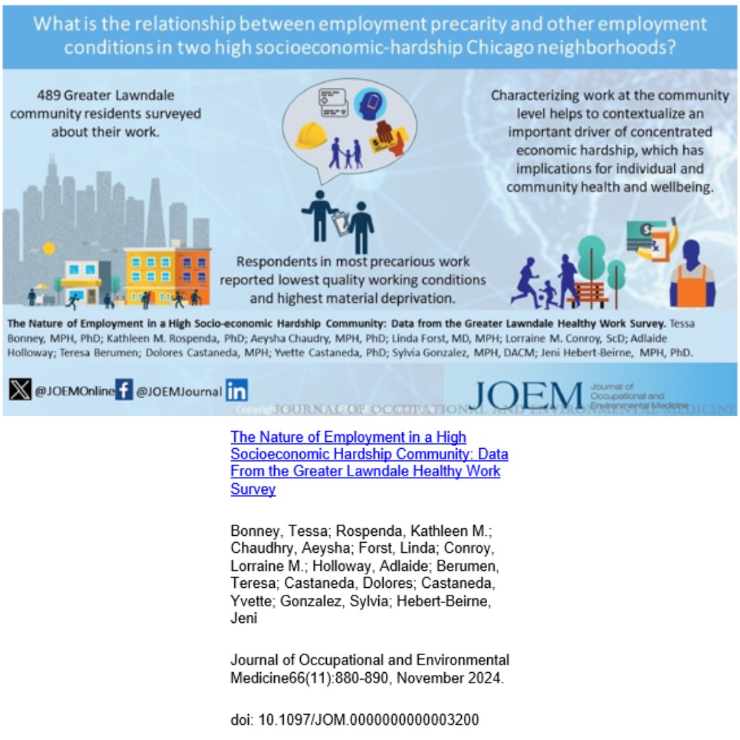 JOEM CME 
The Nature of Employment in a High Socioeconomic Hardship Community
Data From the Greater Lawndale Healthy Work Survey
Bonney, Tessa MPH, PhD;  et. al. 
Journal of Occupational and Environmental Medicine 66(11):p 880-890, November 2024
journals.lww.com/joem/fulltext/…
#JOEM