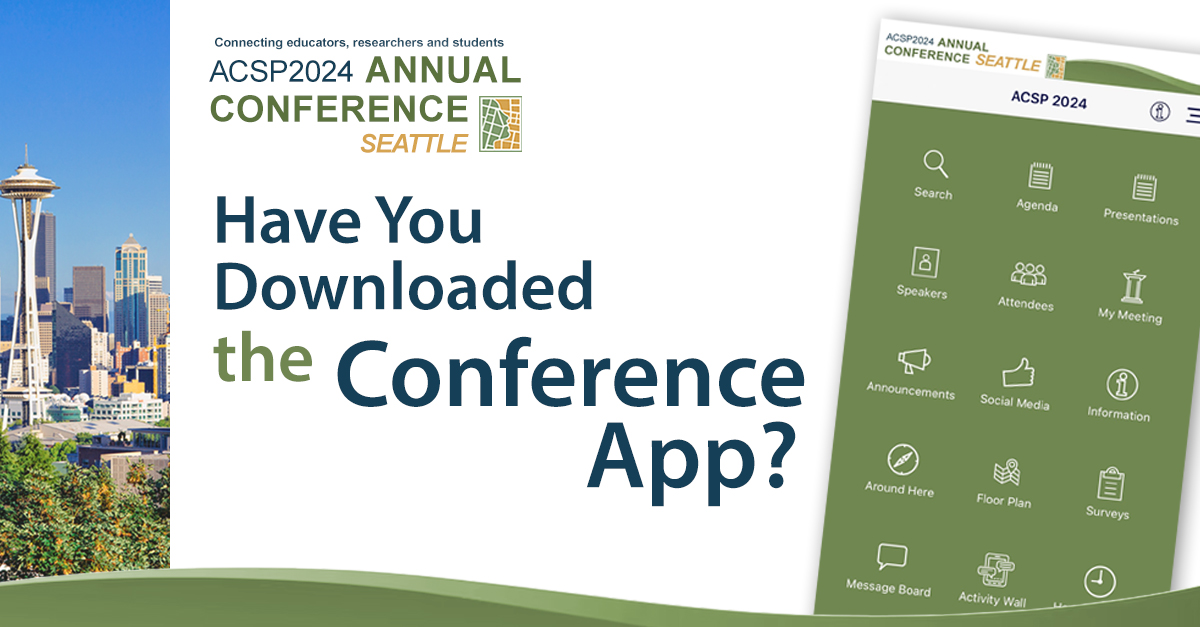 The_ACSP's tweet image. Conference Attendees! 📲 Have you downloaded the #ACSP2024 app? It’s your go-to for the schedule, reminders, networking, maps & real-time updates! Search “ACSP2024” in your app store to stay connected and make the most of the conference! #ConferenceTech #StayConnected