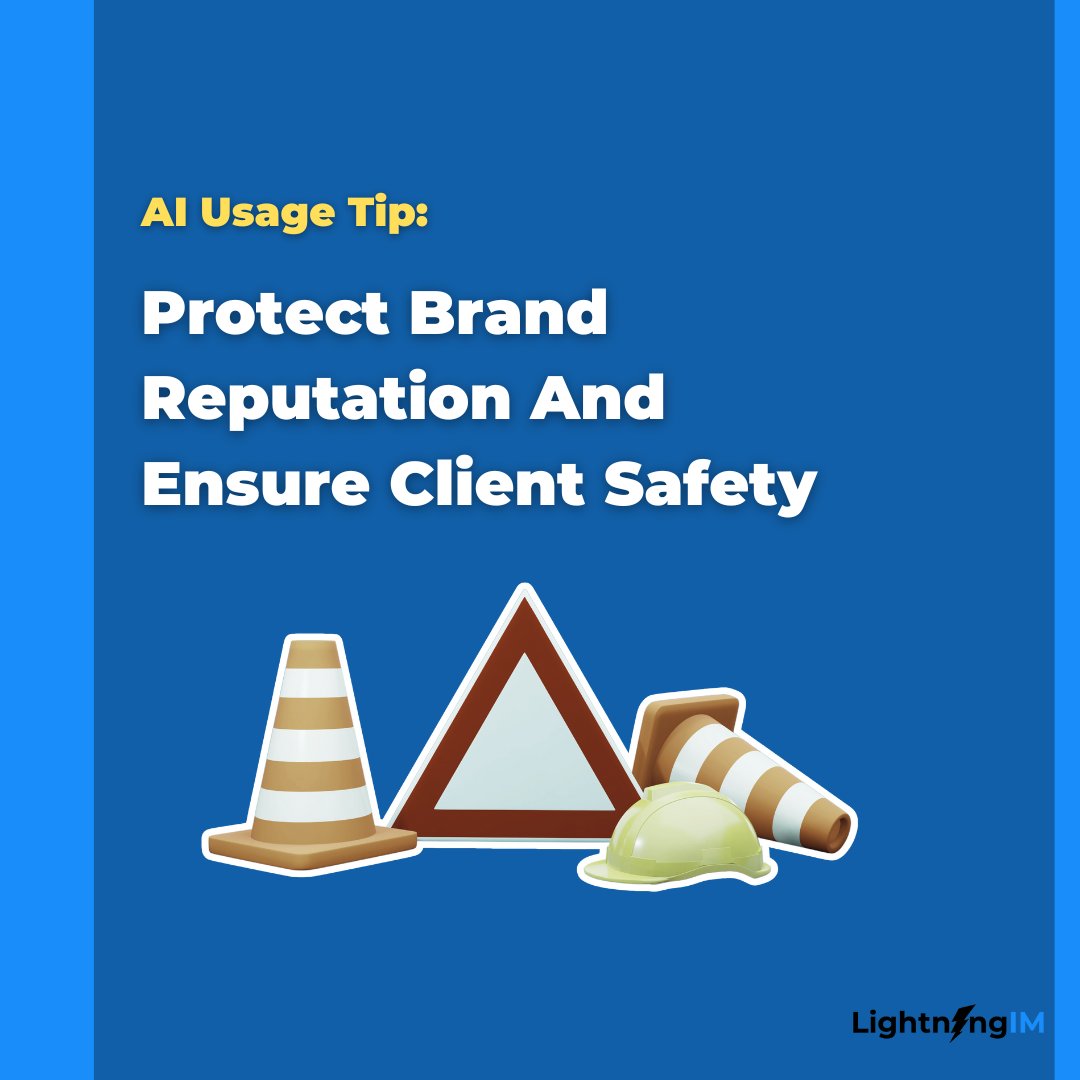 lightningim_com's tweet image. Ensure that AI tools meet privacy standards and align with your brand’s values, so they serve your clients safely and effectively. #AIinMarketing #BrandReputation #ClientSafety #EthicalAI #MarketingInnovation