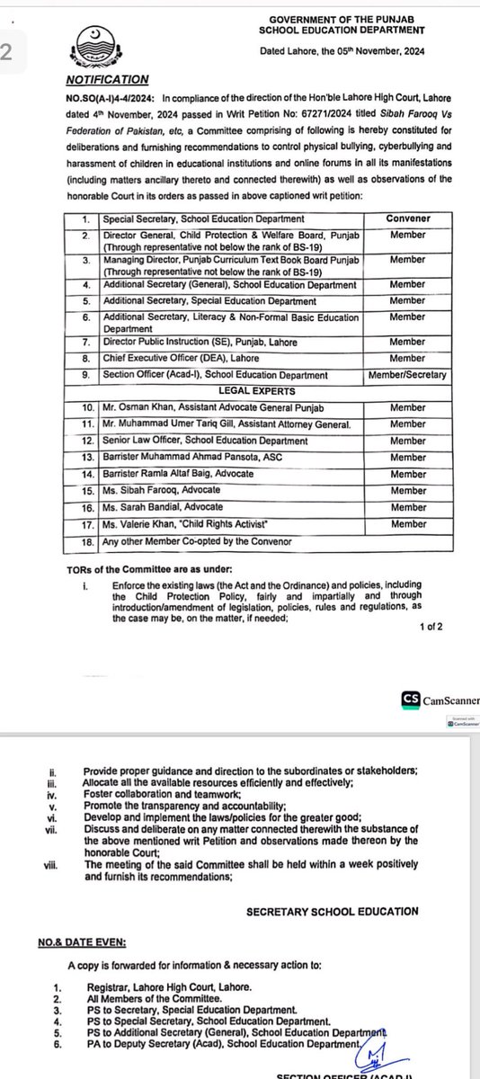Pansota1's tweet image. Secretary @SchoolEduPunjab, @GovtofPunjabPK has constituted a Committee for deliberations and furnishing recommendations to control physical bullying, cyberbullying and harassment of children in educational institutions and online forums in all its manifestations (including…