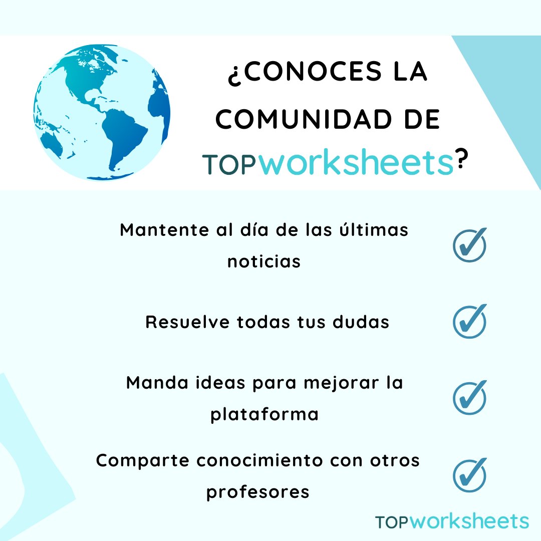 ¿Conoces la comunidad de TopWorksheets? 🌎 Nuestro propio foro donde mantenerte al día con las últimas noticias, resolver todas tus dudas, mandar ideas para mejorar la plataforma y compartir el conocimiento con otros profesores 👩‍🏫 Accede desde la barra lateral de TopWorksheets.