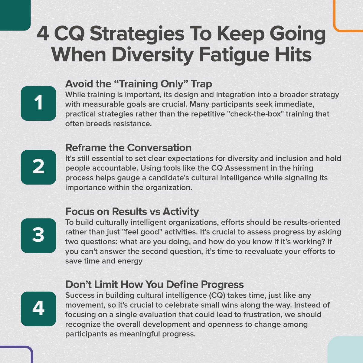 Diversity and inclusion are the landscape and road to equity, but the journey can be challenging. For when fatigue hits, here are four culturally intelligent strategies for staying the course!

#CulturalIntelligence #ProfessionalDevelopment