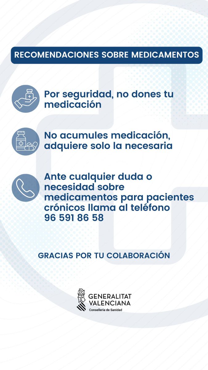 IMPORTANTE ❗️❗️

Están pidiendo que, por favor, dejéis de donar medicamentos para DANA.

La intención es buena, pero los están desechando porque no se asegura calidad ni la procedencia y puede ser peligroso.

Se ha habilitado un teléfono de contacto para hacer llegar medicamentos