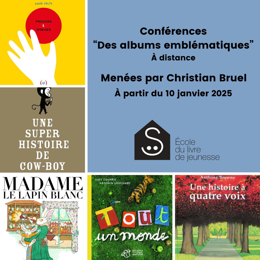 Découvrez comment analyser et vous approprier les albums incontournables de la littérature jeunesse !
De janvier à juin 2025, l’École du livre de jeunesse vous propose une série de rencontres en visioconférence, animées par Christian Bruel : ecole-livre-jeunesse.fr/formations/les…