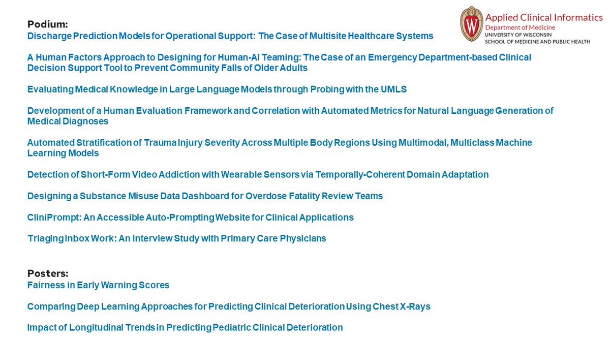 UW Applied Clinical Informatics (@uwinformatics) on Twitter photo Wonder what we are up to at #AMIA2024 ? We hope you will join us at our sessions on LLMs, predictive analytics, human factors, and more!
<a href="/uw_medicine/">University of Wisconsin Department of Medicine</a> <a href="/uwsmph/">UW School of Medicine and Public Health</a> <a href="/UWEmerMed/">Univ. of Wisconsin Emergency Medicine</a> <a href="/UW_ICU_DataSci/">UW-Madison Critical Care Medicine Data Science Lab</a> Wonder what we are up to at #AMIA2024 ? We hope you will join us at our sessions on LLMs, predictive analytics, human factors, and more!
<a href="/uw_medicine/">University of Wisconsin Department of Medicine</a> <a href="/uwsmph/">UW School of Medicine and Public Health</a> <a href="/UWEmerMed/">Univ. of Wisconsin Emergency Medicine</a> <a href="/UW_ICU_DataSci/">UW-Madison Critical Care Medicine Data Science Lab</a>