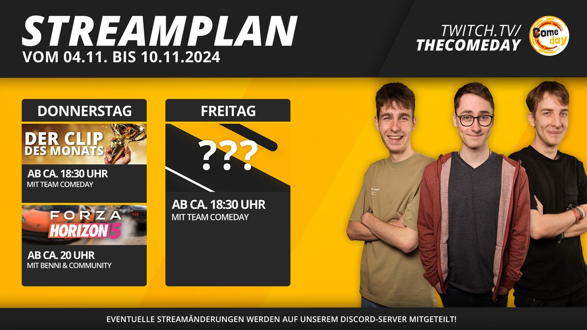 Eine weitere Woche mit nicen Streams 🔥
Neben dem wöchentlichen FH5 Stream, küren wir zudem den besten Clip des Monats Oktober und ihr dürft euch am Freitag auf ein ganz neues Spiel auf unserem Channel freuen 🚜👀