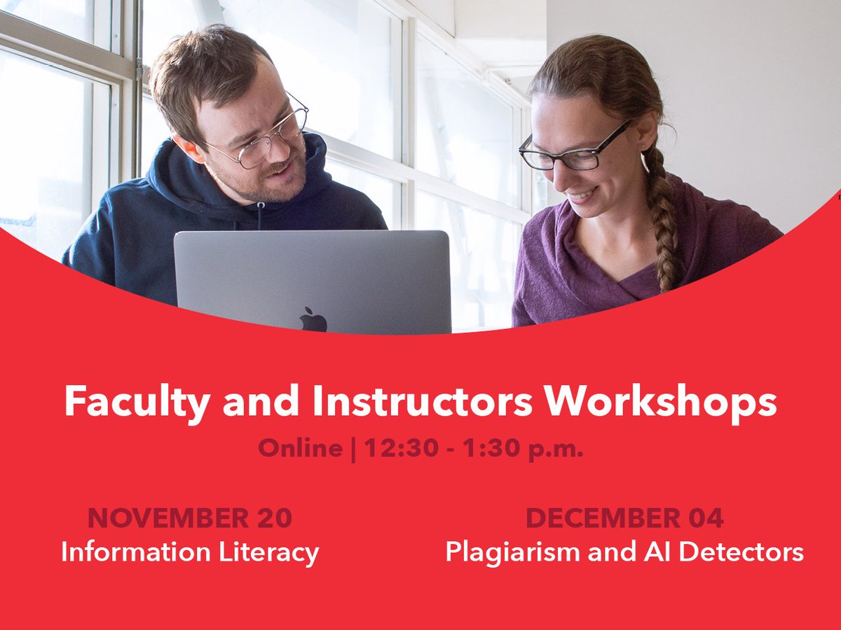 Faculty and Instructors workshops are back! Join us for two online sessions to discover techniques and strategies to enrich your students' learning experience. This term, we’ll discuss information literacy, plagiarism and AI Detectors. Learn more ➡️ bit.ly/3CcLGjo