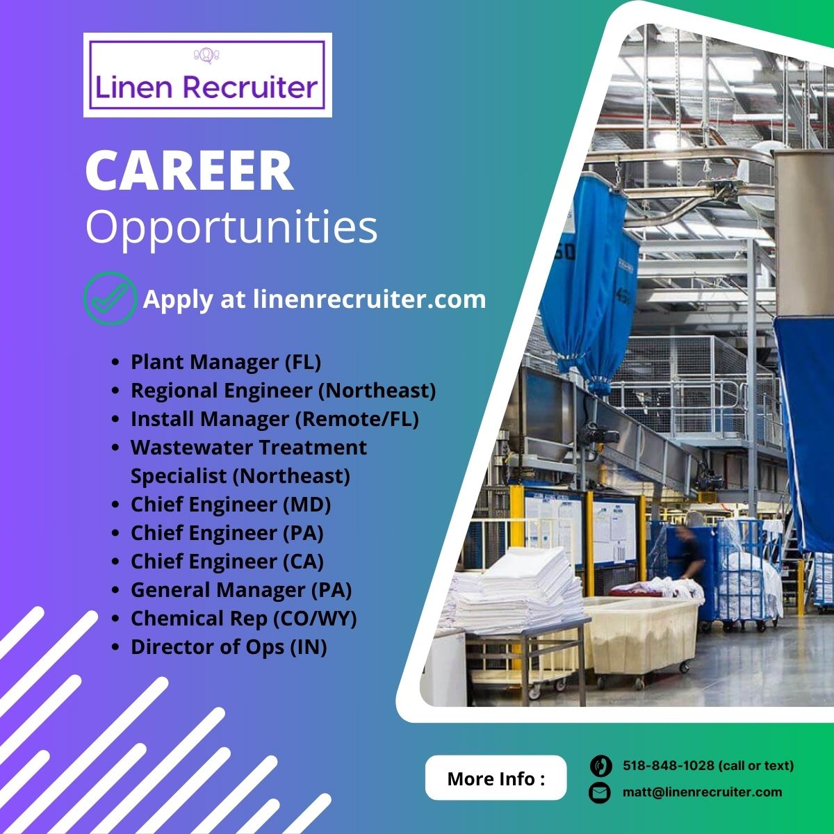 EMPLOYERS - Want to be on this list?
CANDIDATES - Want to learn more about these jobs?

If yes, contact us for more details
🌐 Visit our website: linenrecruiter.com
☎️ Call: 518-848-1028 (call or text)
📧 Email: matt@linenrecruiter.com