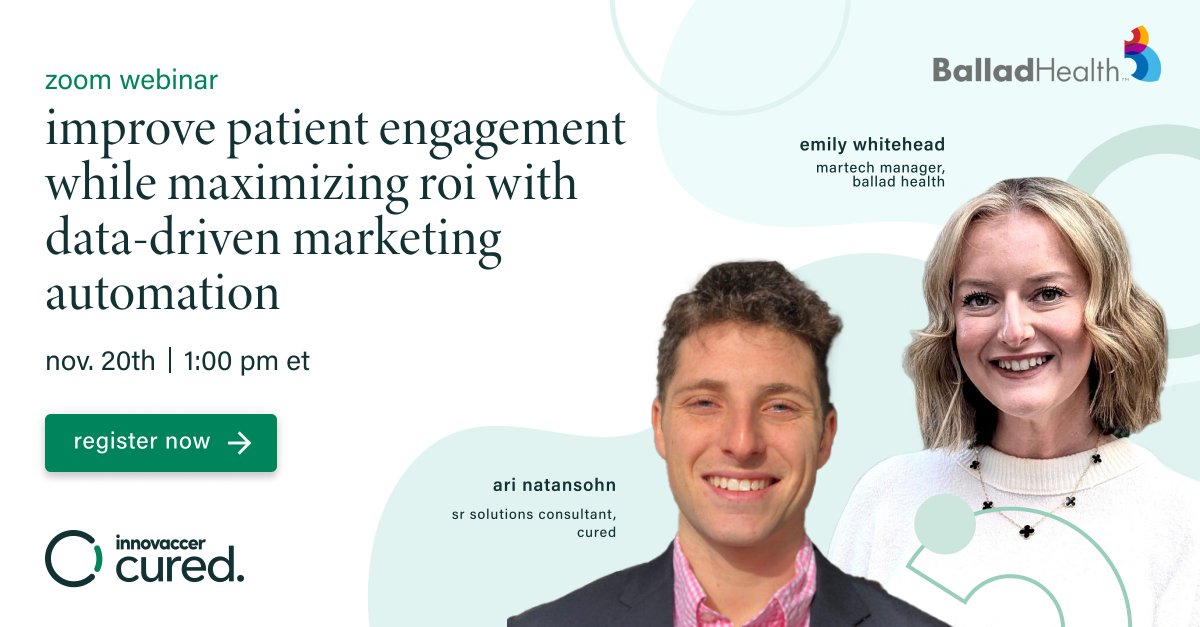 Join us on November 20th at 1 PM ET to hear from Emily Whitehead, martech manager at Ballad Health, and Ari Natansohn of Cured on leveraging marketing automation and data insights to maximize ROI and patient engagement.

Sign up for the webinar: cured.health/ballad-health-…